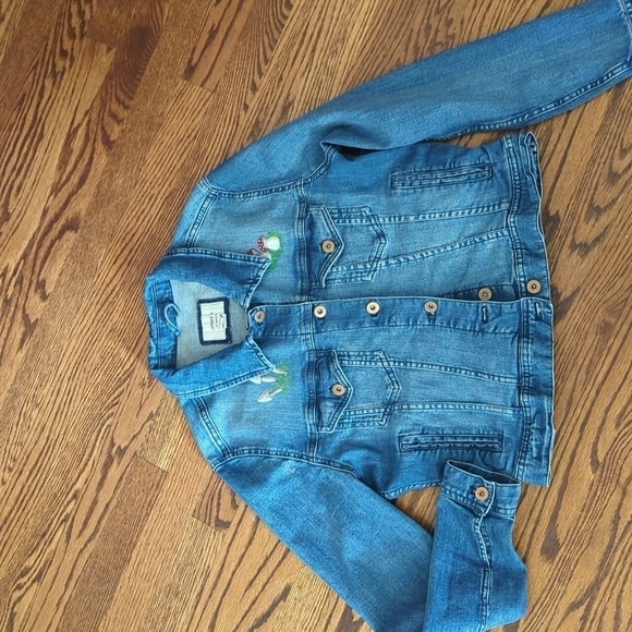 Hand painted Indie mushrooms fairy core nature scene unique cropped jean jacket - Picture 4 of 9